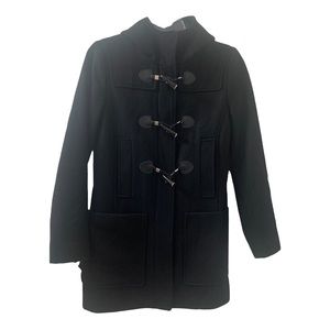 London Fog Women’s Winter Pea Coat Black Wool Blend Hooded Button Front Size XS